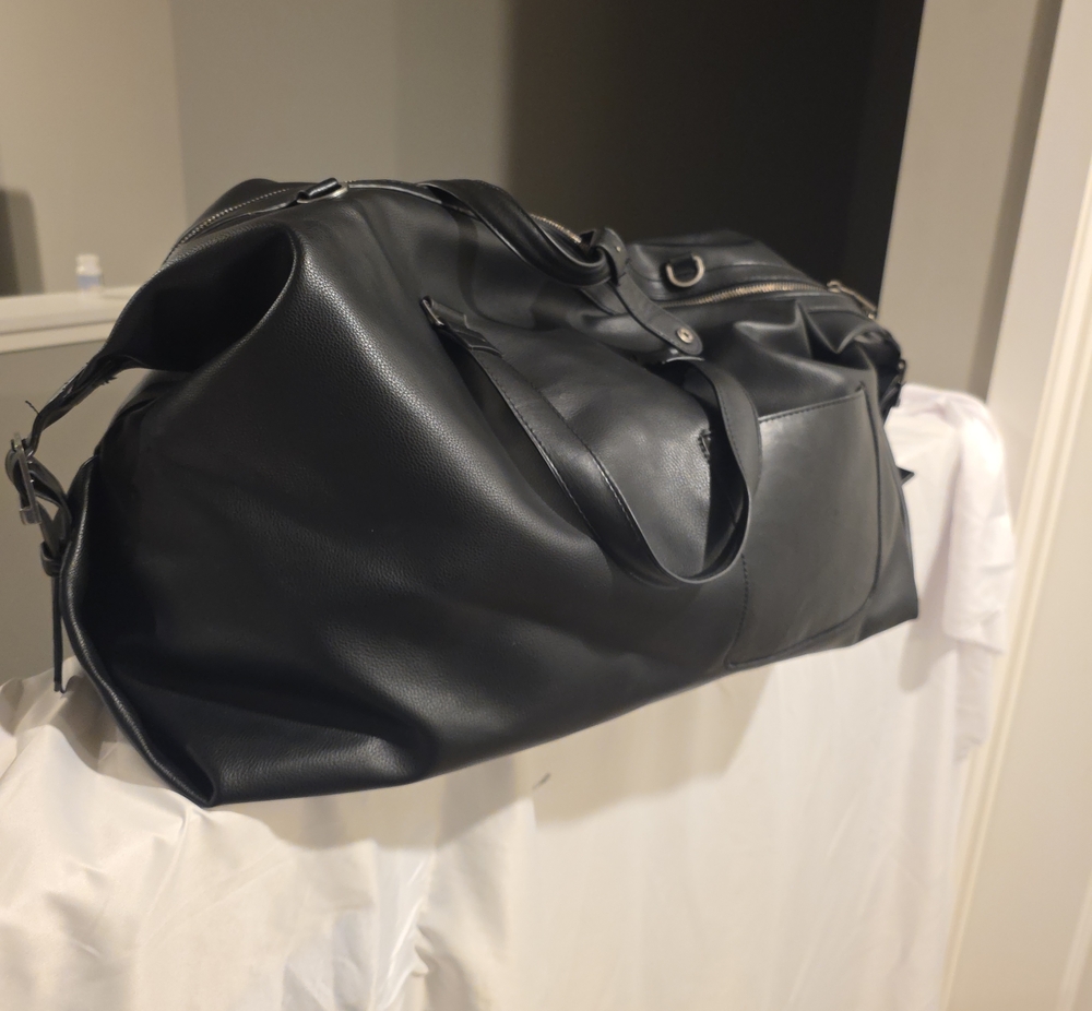 Men's Black Faux-Leather Duffel Bag with Front Pocket